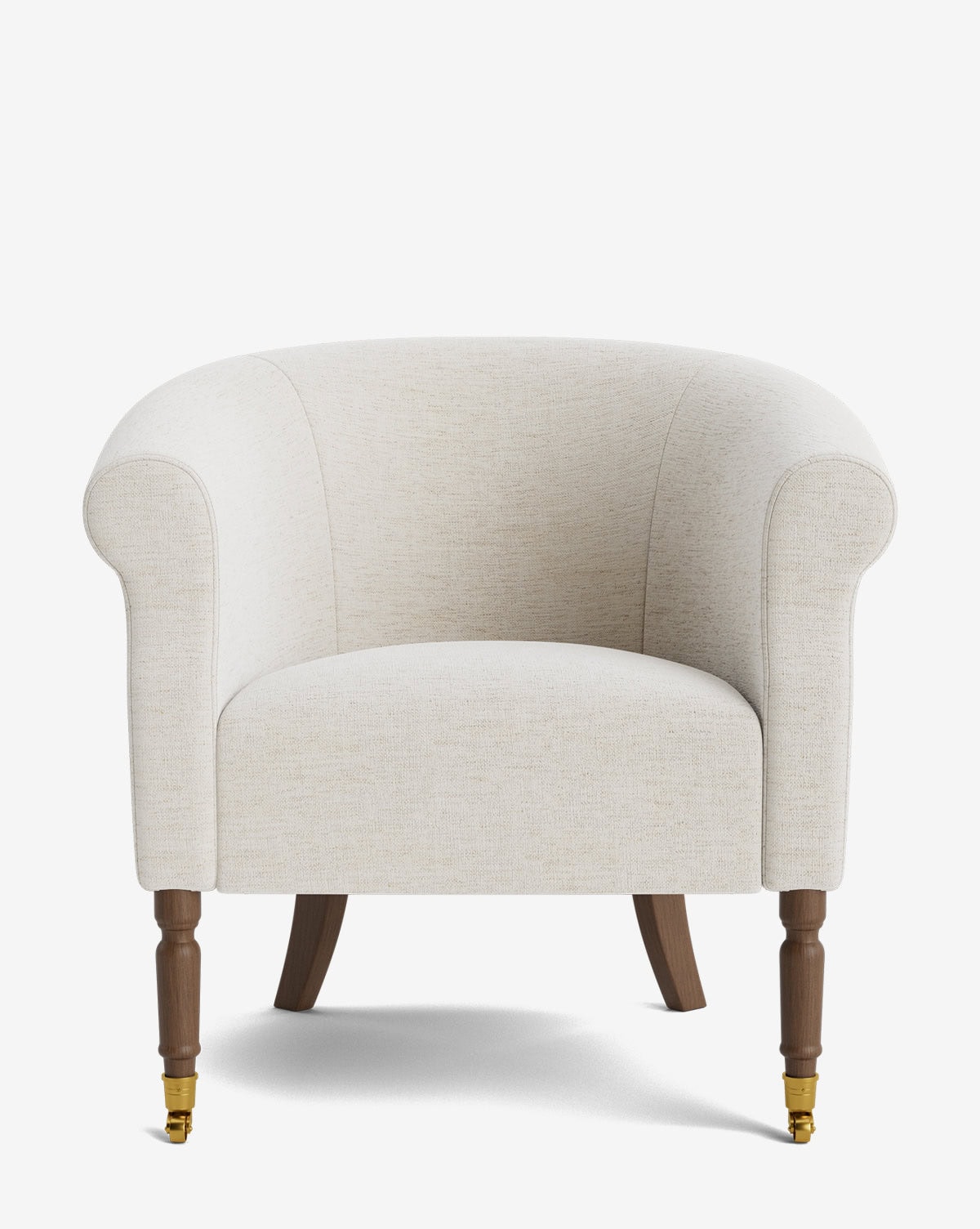 Cream-colored lounge chair with wooden legs against a white background.
