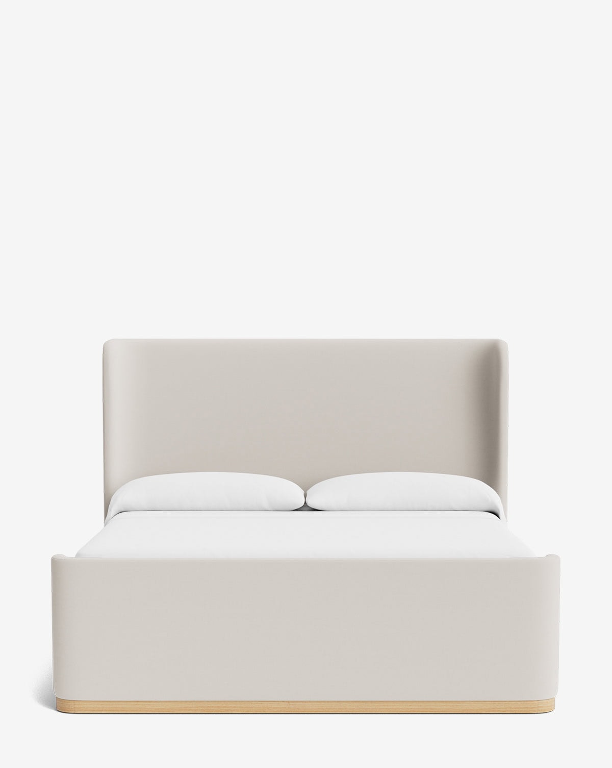 Cream-colored bed frame with smooth edges and a small wooden outline at the bottom against a white background.