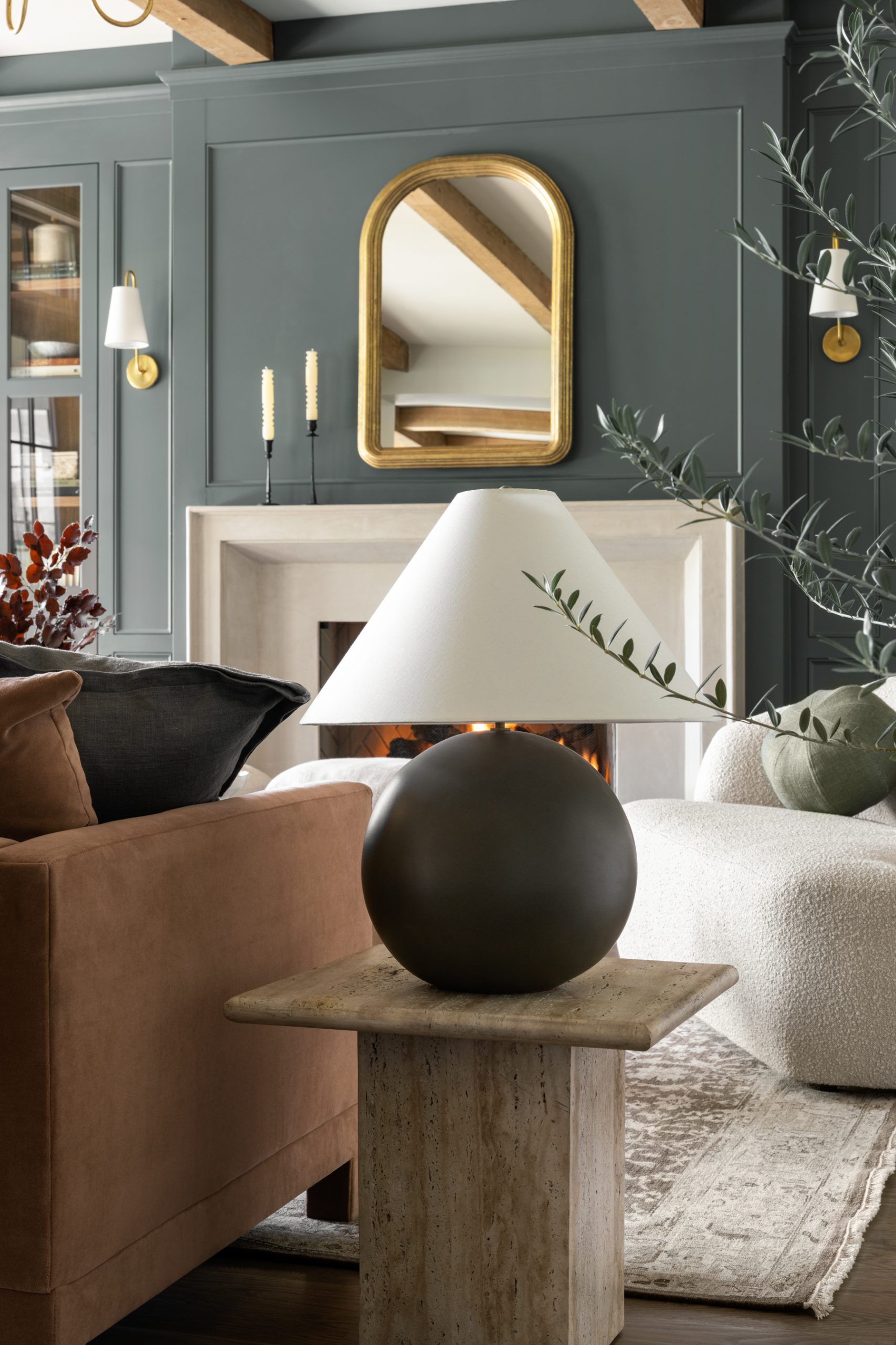 travertine side table in living room